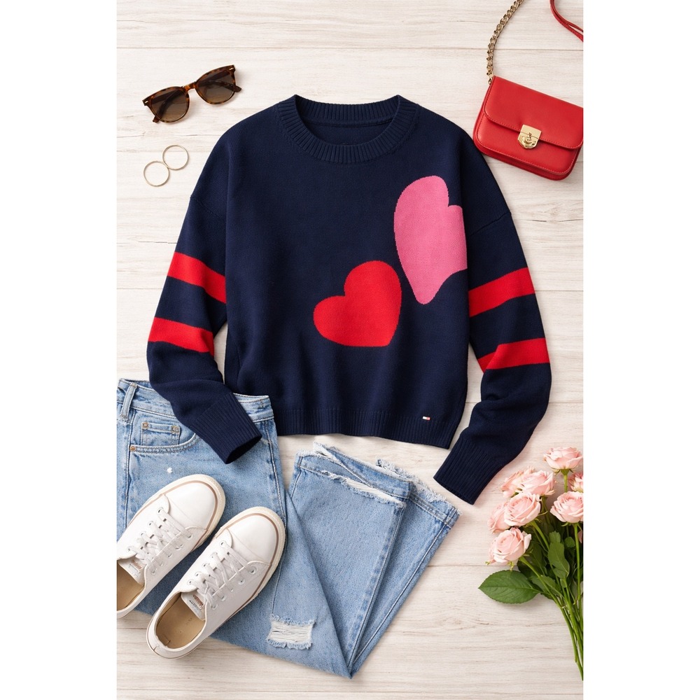 Tommy Hilfiger Women's Cropped Double Heart Sweater‎ Navy Crewneck Size Large
